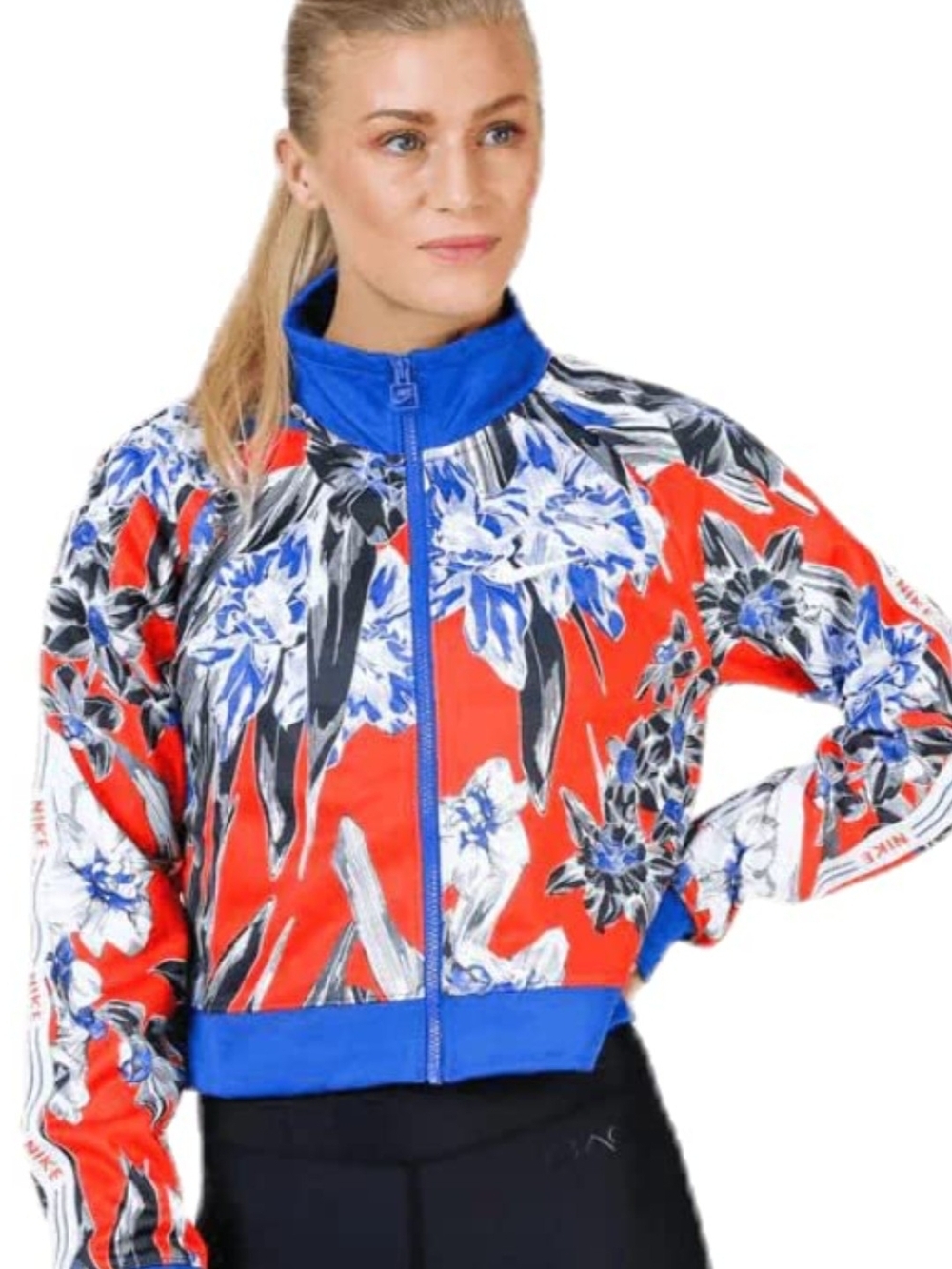 Nike Women’s Red Floral Bomber Jacket with Blue Trim